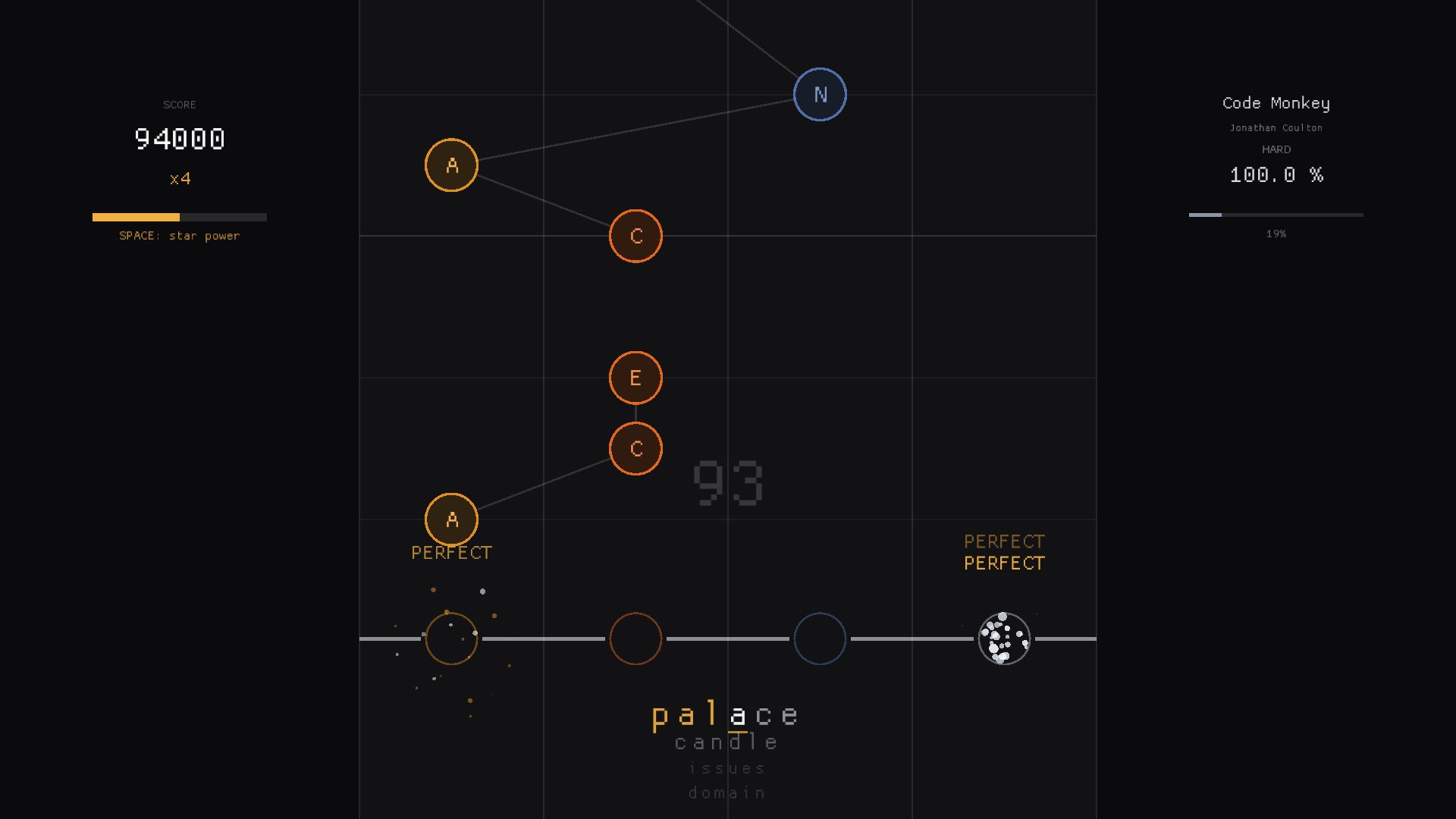 Keyboard Warrior gameplay: lettered notes falling toward a strike line, with the lyric being typed underneath